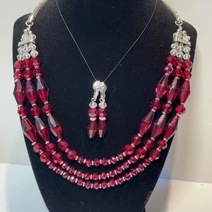 Red & Crystal Beaded Necklace and Earrings